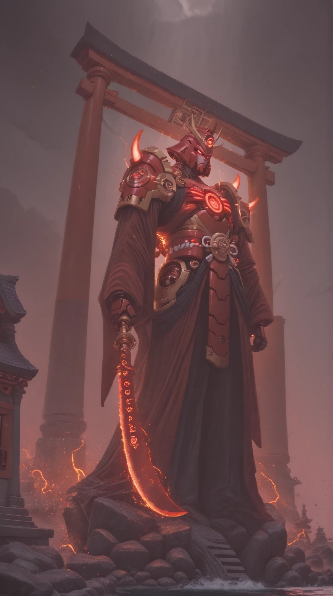 There is a man sitting on a throne with a lantern above him, in style the seated demon, villain wearing a red oni mask, Demon Samurai, ruler of the demons, Demon Samurai warrior, Diablo digital concept art, fat and ripped satanic creature, Demon Lord, the king of hell, beautiful male god of death, king of hell, lord from hell on the throne