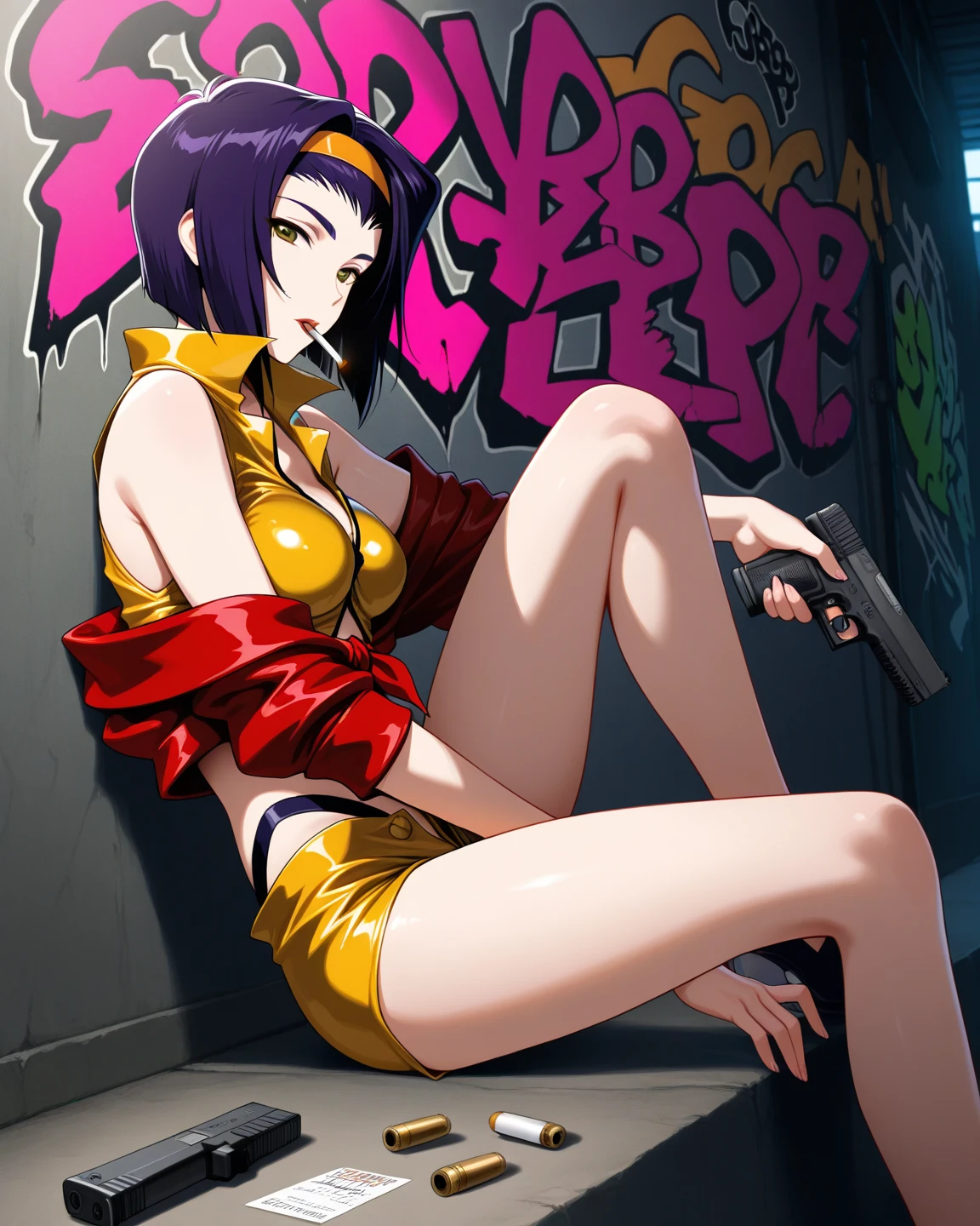 score_9, score_8_up,score_7_up, score_6_up, score_5_up, score_4_up, 
grid fence, alleyway, dark alley, outdoors, night, dim lighting, motion lines, 
full body, ((a girl leaning against a fence)), ((foot up on fence)), sexy
1girl, faye valentine(cowboy bebop), bubble-butt, skinny-waist, ((huge-boobs)), pale-skin, purple-hair, yellow-hairband, short-hair, bobcut, slutty, yellow-buttoned-shirt, yellow-shorts, white-boots, red-loose-jacket, white-stockings, aviator-sunglasses
perfect face, perfect anatomy, sexy dynamic pose, seductive pose