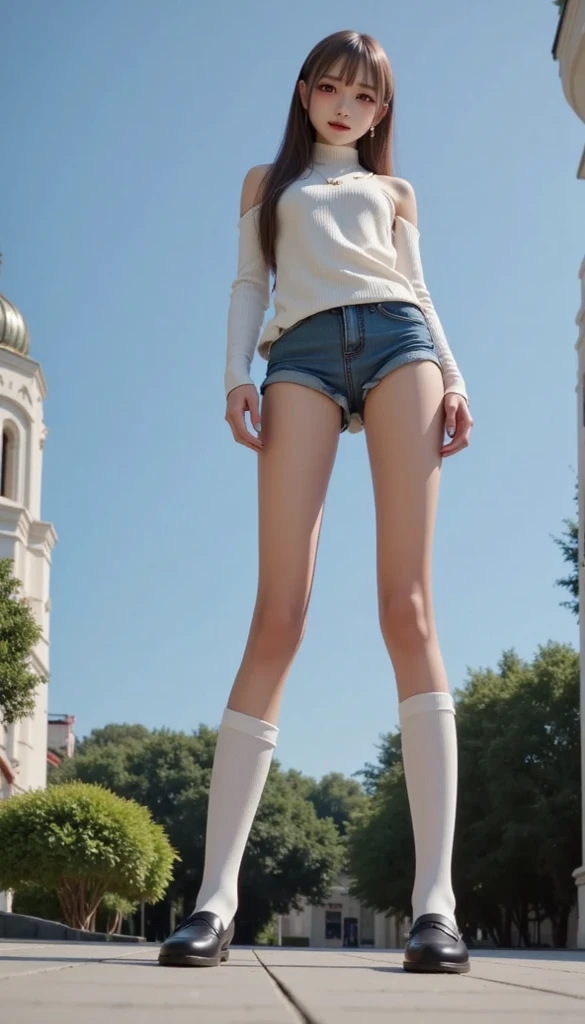 (Crop top,:1.3), (Photorealistic:1.4), (Best quality:1.0), (超A high resolution:1.0), 8K, RAW photo, (Masterpiece:0.5), Ultra-detailed, Close short, Beautiful skin, Ultra-fine skin, view the viewer, (Full body shot:1.5), (Short hair:1.4), Light smile, (whaite hair:1),Blush,detailedwater, Ultra-fine sky,Wet, Depth of field,alps, {Best quality}, {{Masterpiece}}, {A high resolution}, Extremely detailed 8K wallpapers, (1 girl:1.5), {An extremely delicate and beautiful},Ocean,delicate leg,Narrow waist, (Cityscape,:1.4),Large breasts, Field,Light rays, Crossed legs,Walking, (From behind:0.7),Huge ass, (Shorts:1.3),Beautiful golden eyes,eyeslashes,eye shadows,neat figure,Teenage uncensored,(Delicate and detailed skin:1.7),Perspective,upper legs,
