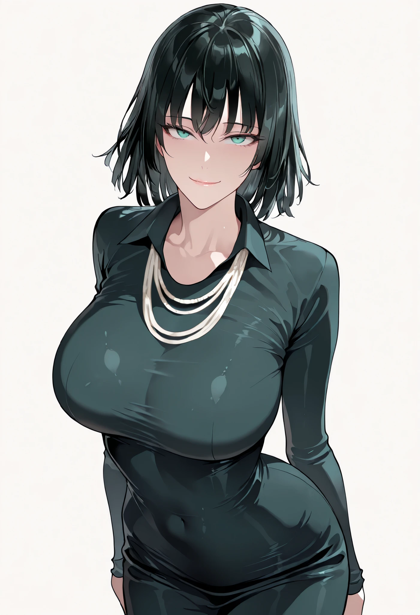 high res image, Beautiful girl with slim body, (masterpiece, detailed:1.2), (1girl:1.4), (Fubuki), (dynamic poses), looking at viewer, (relaxed, light smile), (detail eyes), Beautiful eyes, (big breasts:1.3), (slender body), (beautiful detailed face, beautiful detailed eyes), ((Main Outfit)), (white simple background), ((cowboy shot:1.3)), seductive, lustrous skin, lustful skin, erotic skin