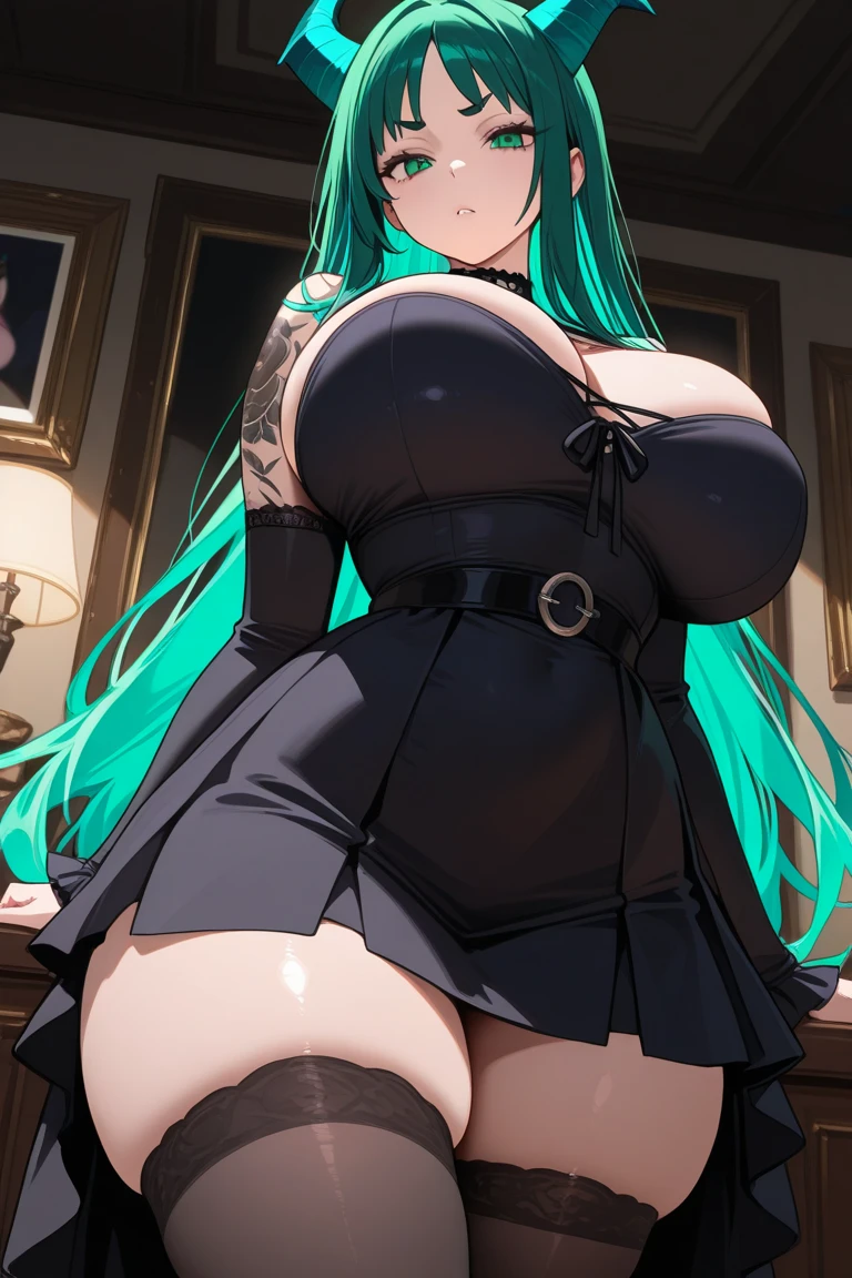 ultra realistic 8k cg, masterpiece, ((ultra detailed background, delicate pattern, intricate detail)), (highly detailed, fine details,), beautiful detailed face and eyes and hair,1girl, mitsuri(demon slayer), large breast, long green-pink gradient hair, green eyes , () green stripped thighhighs, multicolored hair, long hair, bangs, twin braids, blush, sweat, wide hips, thick thigs, looking at viewer, full body cowboy shot, (nsfw), sexy pose,
