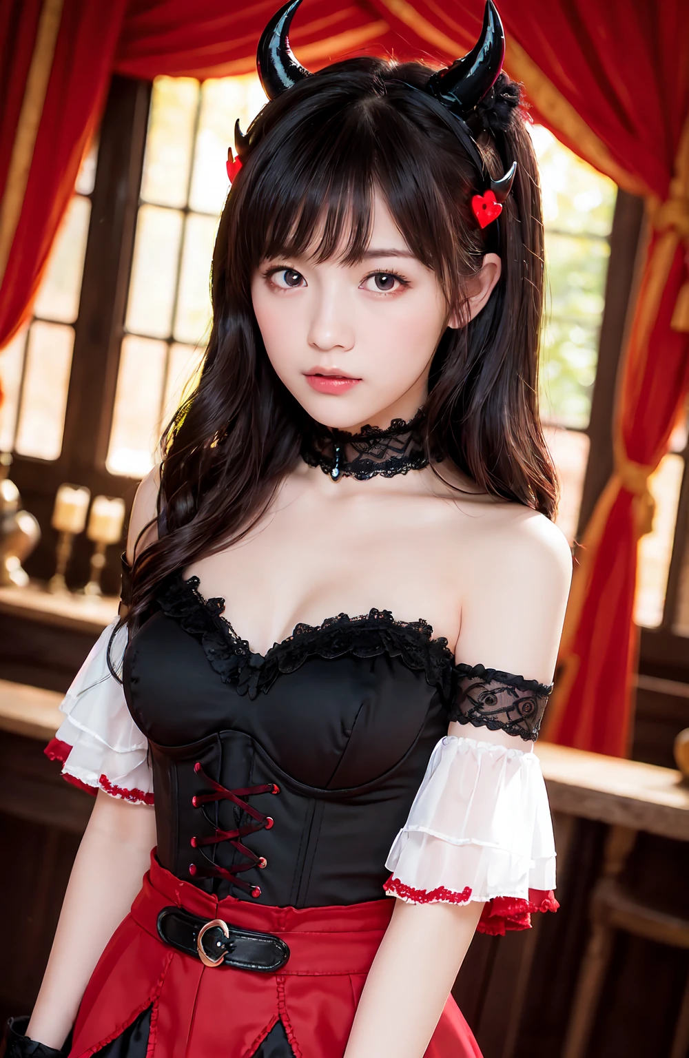 Create a highly detailed portrait of a young woman dressed in a Gothic Lolita outfit. She has long, straight, dark purple hair with bangs, and her hair is adorned with a red and black lace headband featuring a large red bow on the side. Her eyes are large and expressive, with violet irises, and she has delicate makeup with pink blush and subtle eye shadow. She wears intricate accessories, including ruby-red drop earrings and a black lace choker with a red bow. She also has a pearl necklace with a purple gemstone pendant. Her outfit consists of a black and white dress with ruffled sleeves, a fitted bodice with lace-up details, and a large black bow on the front. The background is softly lit by natural light coming through a window, creating a warm and inviting atmosphere. The lighting highlights the texture of her outfit and the shine of her hair. The image should capture the elegant and delicate nature of her appearance, emphasizing her poised and graceful demeanor.