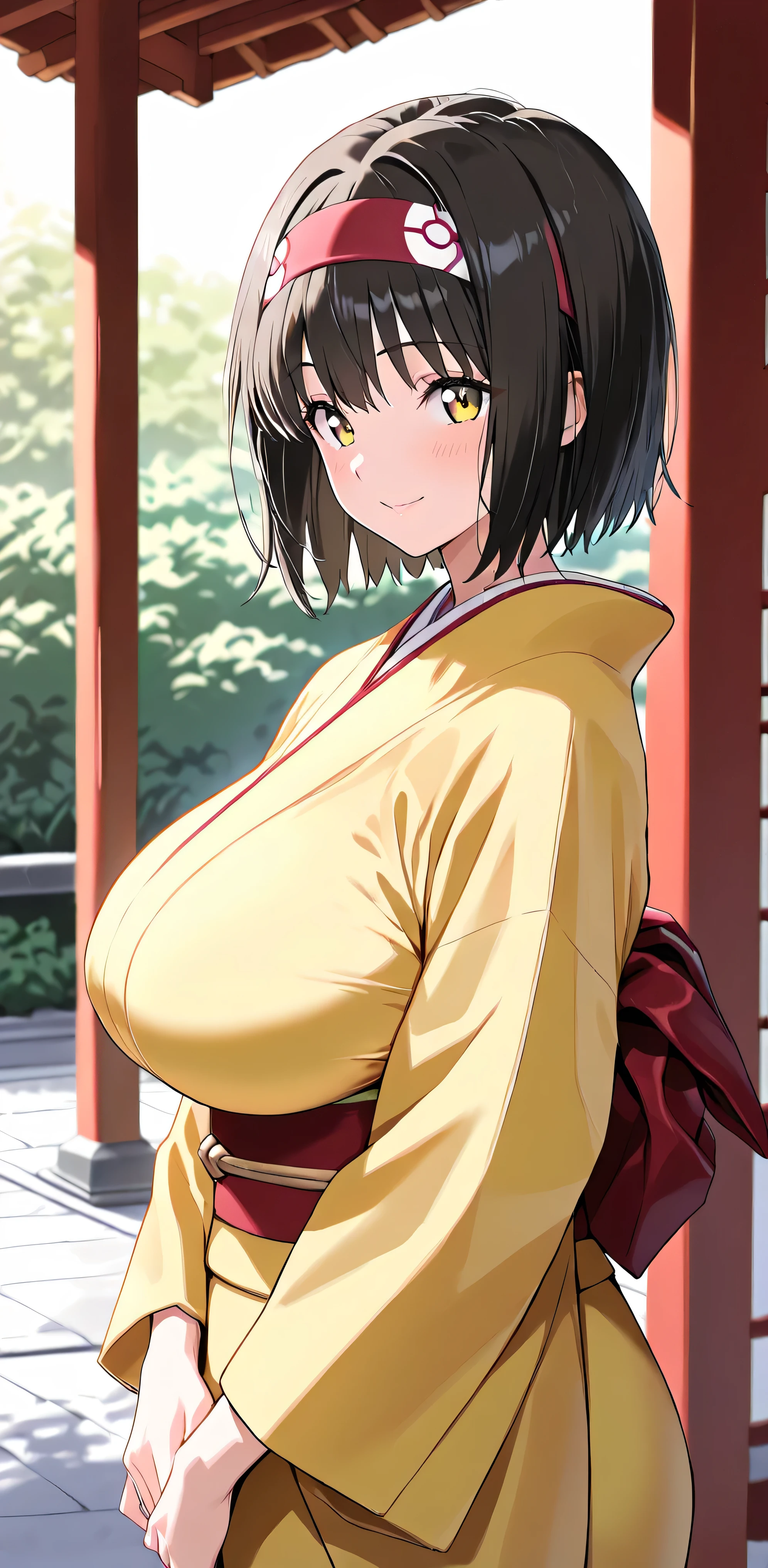 masterpiece,high resolution,best quality,8k，((best quality)), (masterpiece)), (details: 1.4), high resolution, (masterpiece: 1.4), 超details, beautiful  details hair  details face, perfect feminine face, beautiful  details eyes, 8k, (finely  details beautiful eyes and  details face cg), (masterpiece,  details:1.2), (anime), in their 40s, solo girl, Pokemon Erika, yellow eyes, black hair, headband, short hair,  kimono, yellow kimono, in the same way, red in the same way, long sleeve, Wide sleeve , Formal attire , in their 40s, huge breasts, Sagging breasts, stare at the viewer, smile,  In the Japanese garden 