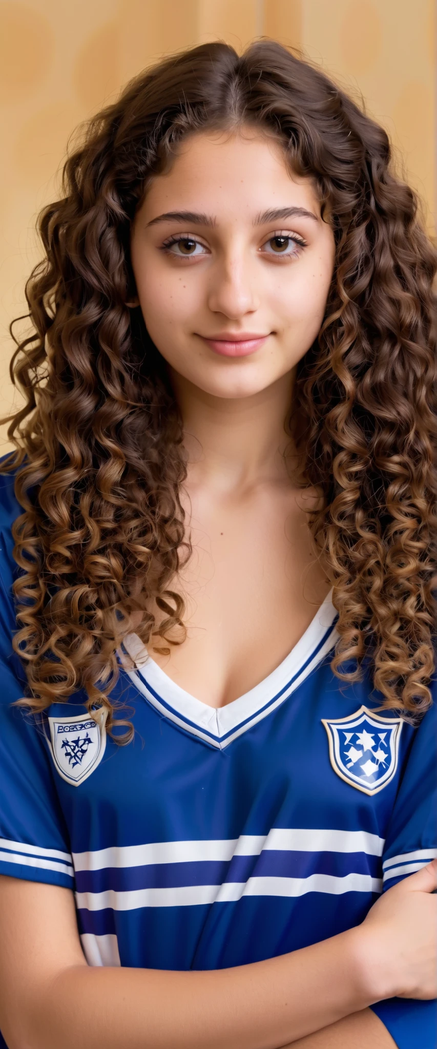 a beautiful 25-year-old woman. (detailed facial features), (sardas:0.2), (acne:0.1), long hair, espesso, luxurious curly hair,  handsome Jewish nose  , shy smile, 25 year old wearing blue and white soccer uniform 