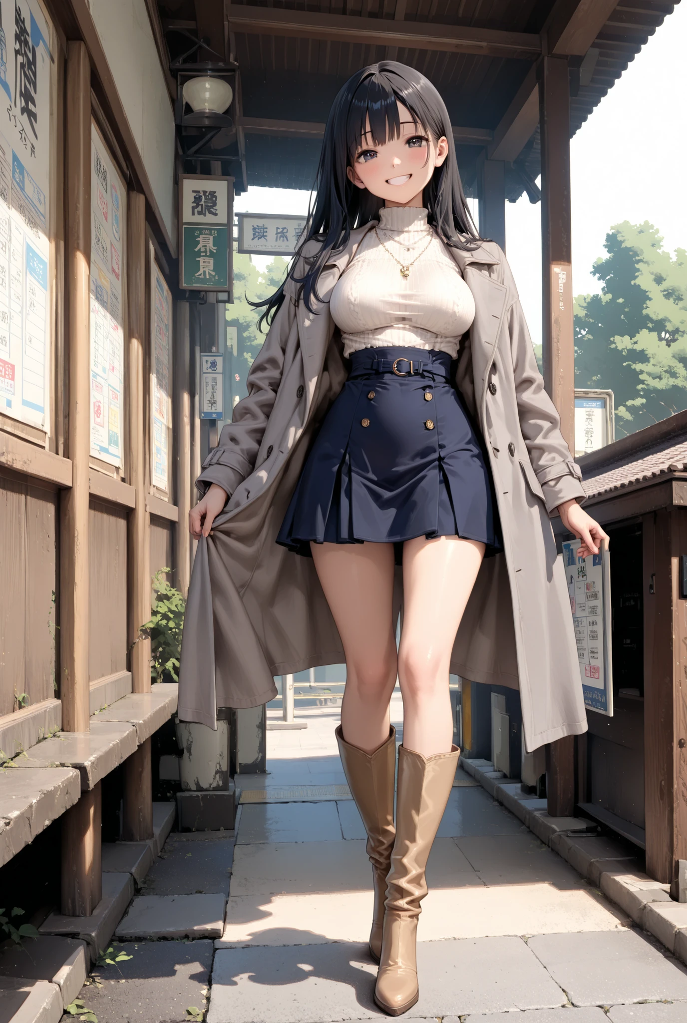 masterpiece、best quality、1 girl、full body、standing、smiling、long black hair、beautiful breasts、clear、Light Brown Knee High Boots、Navy blue high waist skirt、white high neck knit inner、 grey coat、In front of a Japanese station
