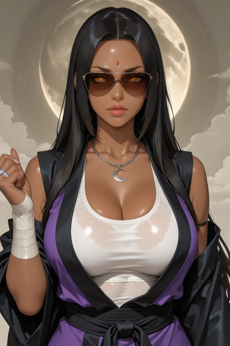 (masterpiece), best quality, expressive eyes, perfect face, black ebony skin, arms up, half naked, large open neckline, white apron, orange color full sleeve clothes perfect shaped body, naked legs, standing, long hair, black hair, orange eyes, large breast, big breasts, black skin, ultra realistic detailed orange eyes, long and open hair, looking at camera, innocent eyes, innocent face, very cute anime girl face, garden background, black skin anime girl, cute smile on her face, flower necklace on her head, wearing flower bracelets on her hand, thigh legs