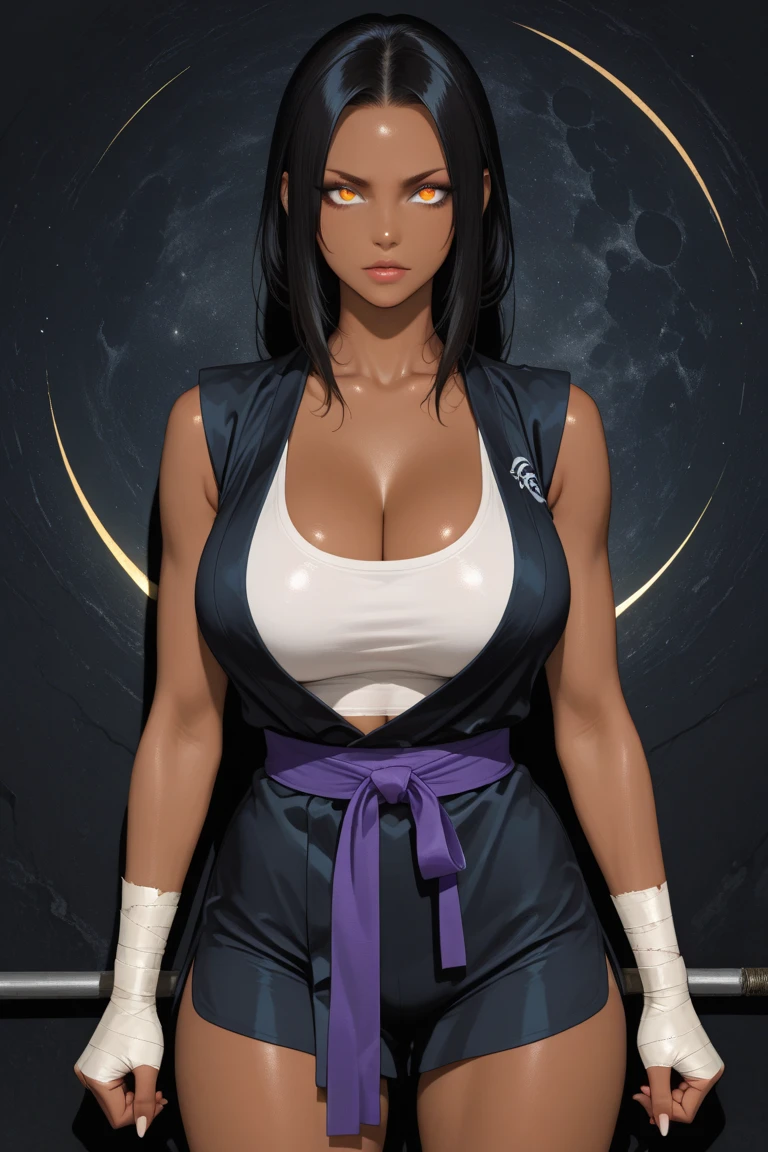 (brown skin:1.1, thick thighs:1.1, huge breasts:1.1) afro, (tight:0.9) orange button down, 70s clothes, holding a (kitana:1.1), (best quality:1.2), ultra-detailed, (realistic:1.37), portraits, vibrant colors, warm tones, soft lighting