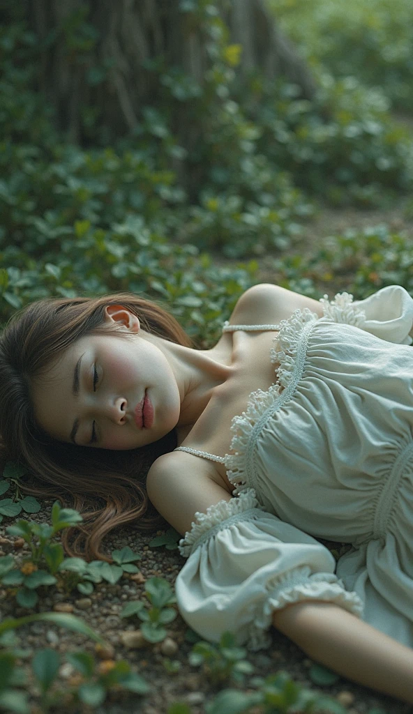 A beautiful girl sleeping on the flor outside, realistic, full body, legs visible, hurt her feet