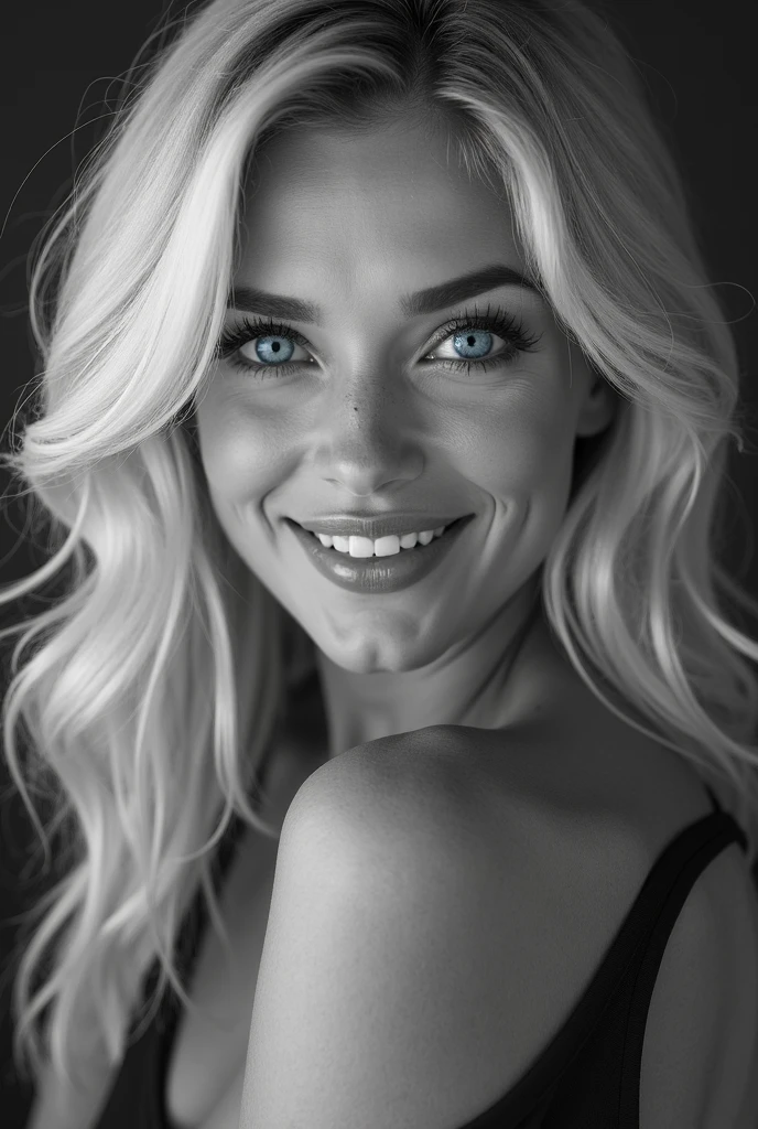 (photorealism:1.2)
A stunning alluring blonde hair woman, that exudes seduction and power. She is smiling in the image, make the image black and white. Her eyes however does have color. Her eyes are natural blue.