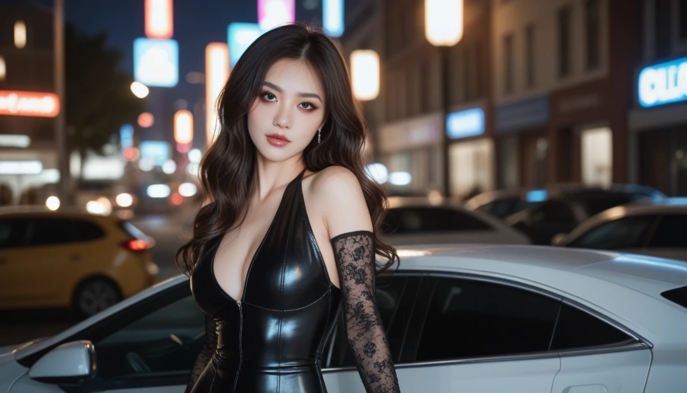 Asian sexy female model on the street。and his car，Cool red sedan，Long legs，Slim figure，Delicate facial features，ultra fine detailed，Cinematic lighting realism，8K，k hd，Smooth skin，Works of masters，V-neck full body dress