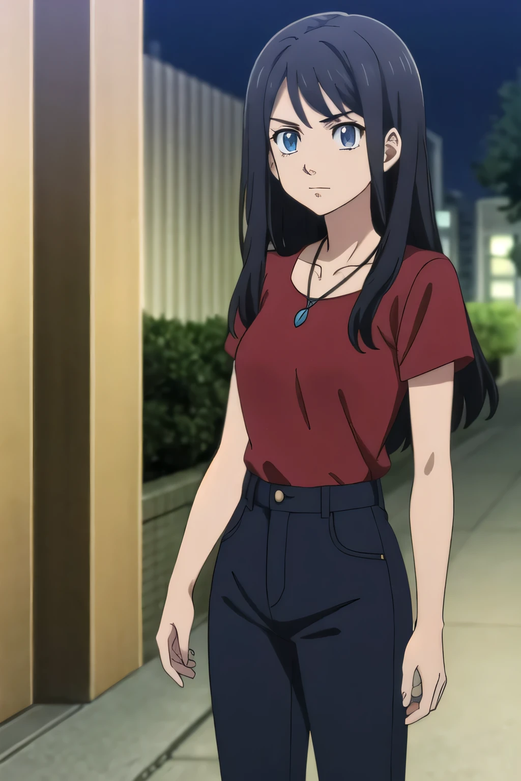 Masterpiece, best quality, 1 girl, solo, black hair, straight hair, long hair, light blue eyes, Tokyo revengers anime style, wearing red t-shirt and jeans, necklace, no bangs, she stands in park, night, epic view