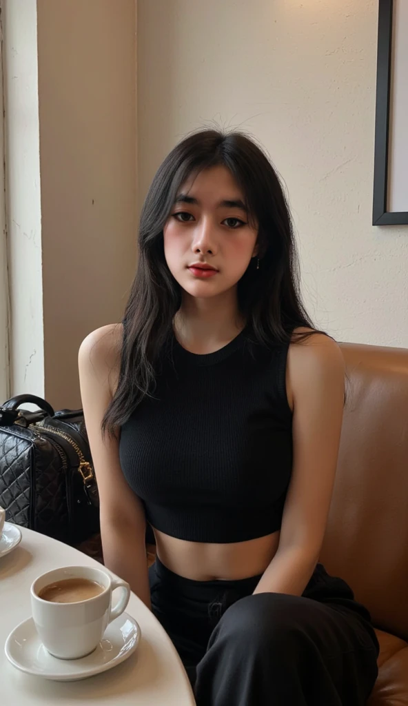 a short sexy woman wearing purple t shirt and black tracks, pinned against the wall, eyes closed, lips parted, blushing intensely, ready to kiss