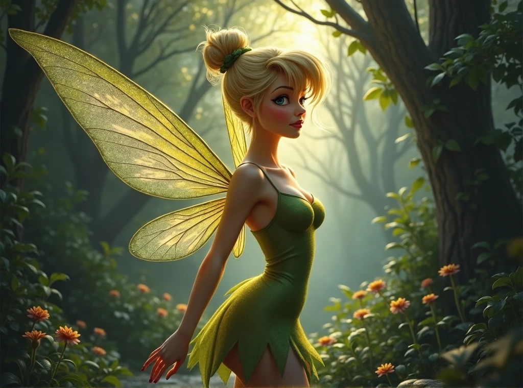 masterpiece, 8k, perfect ligthing, looking at viewer, cinematic lighting, extreme close-up, (TinkerBell:1.5), (TinkerBellWaifu:1.1), single hair bun, (green clothes), ((clothes made from leaves)), (fairy wings:1.2), pointy ears, blue eyes, (detailled eyes:1.2), sexual expression