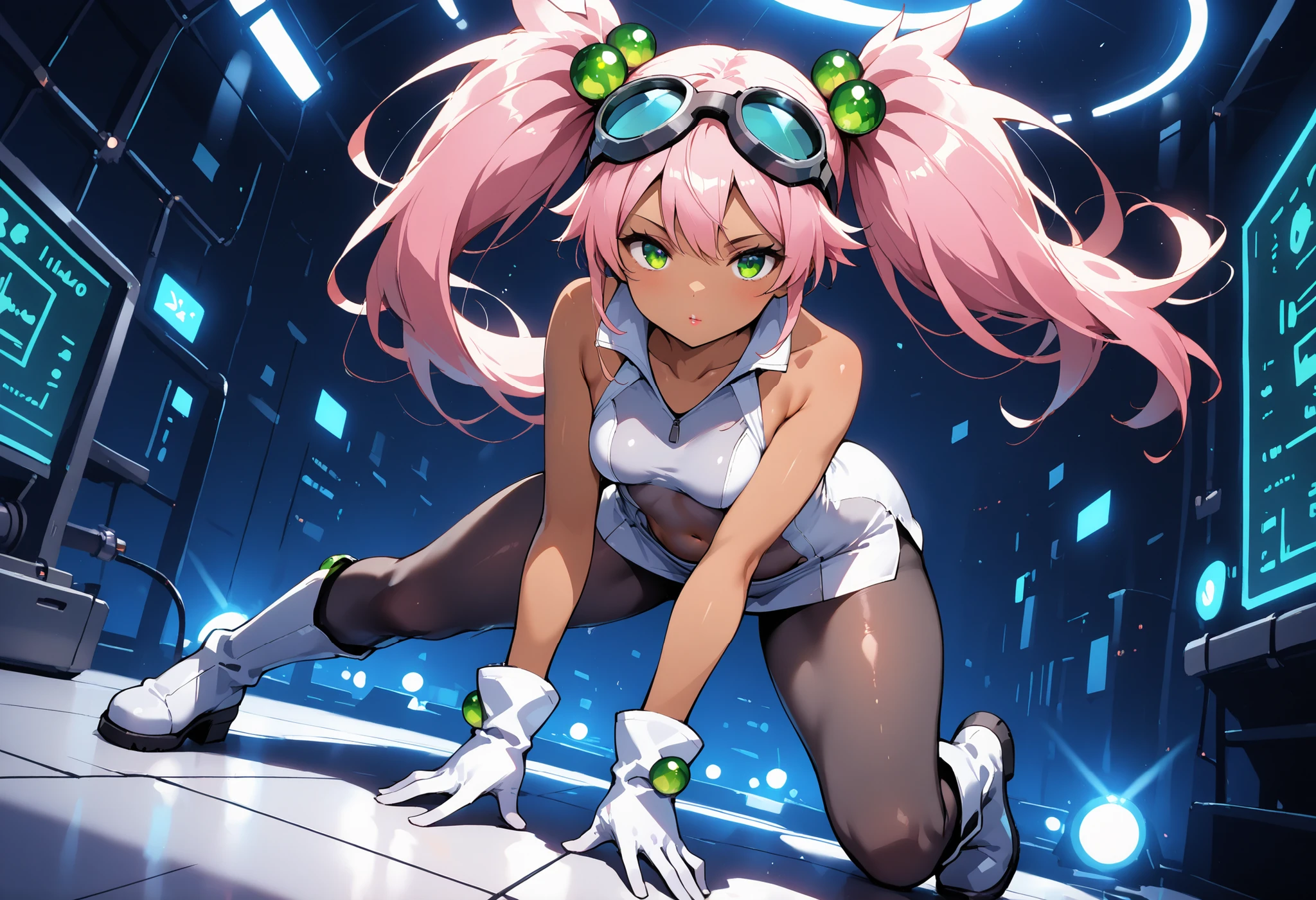 1girl, full body, Lovrina-inspired character, tan skin, vivid pink hair, very long pigtails, green eyes, looking at viewer, wearing a futuristic short dress (grey stomach, sleeveless), black pantyhose, grey thigh-high boots, white gloves, goggles on head, green bobble ornaments, visible collarbone, perfect face, glossy lips, thick thighs, flat breasts, in a futuristic tech lab, neon lighting, (8k, ultra-detailed, crystal clear quality), masterpiece, best quality, high contrast, cinematic lighting, moody atmosphere, dynamic angle, stood, idol pose