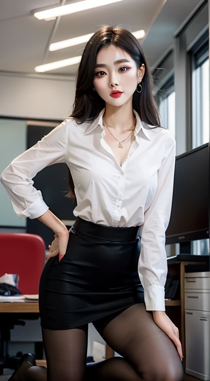 Exquisite, masterpiece, beautiful details, colorful, delicate details, delicate lips, intricate details, large breasts, black glasses with cool, 1 woman, (a beautiful 20-year-old cute Korean woman: 1.1), (kpop idol, Korean mixed), (50mm Sigma f/1.4 ZEISS lens, F1.4, 1/800s, ISO 100, photograpy:1.1), (ponytail + brunette 1.2), ( Photorealistic: 1.4), (SPY: 1.2), (Open Jacket, open buttons wet shirt, super short tight mini skirt, chocker, Black Pantyhose,Christian Louboutin\(Brand\),:1.3), Earrings, Necklaces, Armbands, (Tavern, Bar:1.2), (Beautiful Legs, High Girl, Skinny, slim_legs, thigh_gap, Model: 1.2 ), lens, flare from the front, (cool expression), dynamic pose, (makeup: 1.2), (siting in front of boss luxury office desk)), full body shot