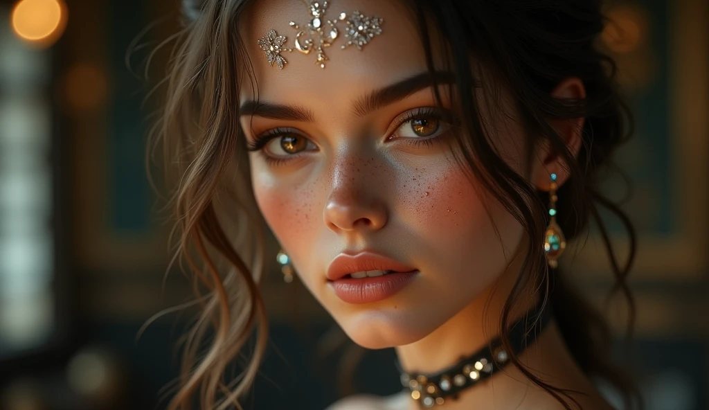 A steampunk girl (transparent white top: 1.2), oval face, looking at the observer, small breasts and prominent, tattoo, hyper detailed face, realistic and detailed, ultra sharp, dark short hair, 8K, body (insanely detailed: 1.5), half-body photography, Canon EOS R3, 35mm, detailed skin, brown skin