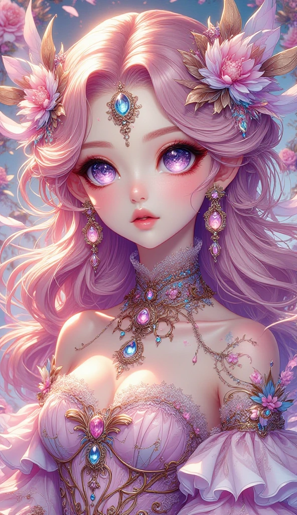 this artwork should be colorful and evoke feelings of euphoria and ecstasy. generate a beautiful fantasy woman with an interesting and dynamic manic expression. the woman is dressed in the style of harajuku decora fashion. there are many intricate and highly detailed decora fashion accents. clothing is ornate and extravagant with contrasting colors, textures, and patterns. include strong influences from lisa frank. include many awe-inspiring fantasy elements. ((include phantasmal iridescence, crystals, bumps, and rainbow colors that drip like paint through the artwork.)) rainbow paint should drip through hair and onto face and body. pay particular attention to a beautifully detailed face with realistic shading. include 8k eyes, highly detailed eyes, realistically detailed eyes, macro eyes, bright eyes. the overall feeling of this artwork should be happiness and excitement. the artwork should be highly ornate. impress me. the artwork should be highly creative and ultra ornate. include many decora decorations and accessories. (fantasy00d), high quality, highres, detail enhancement