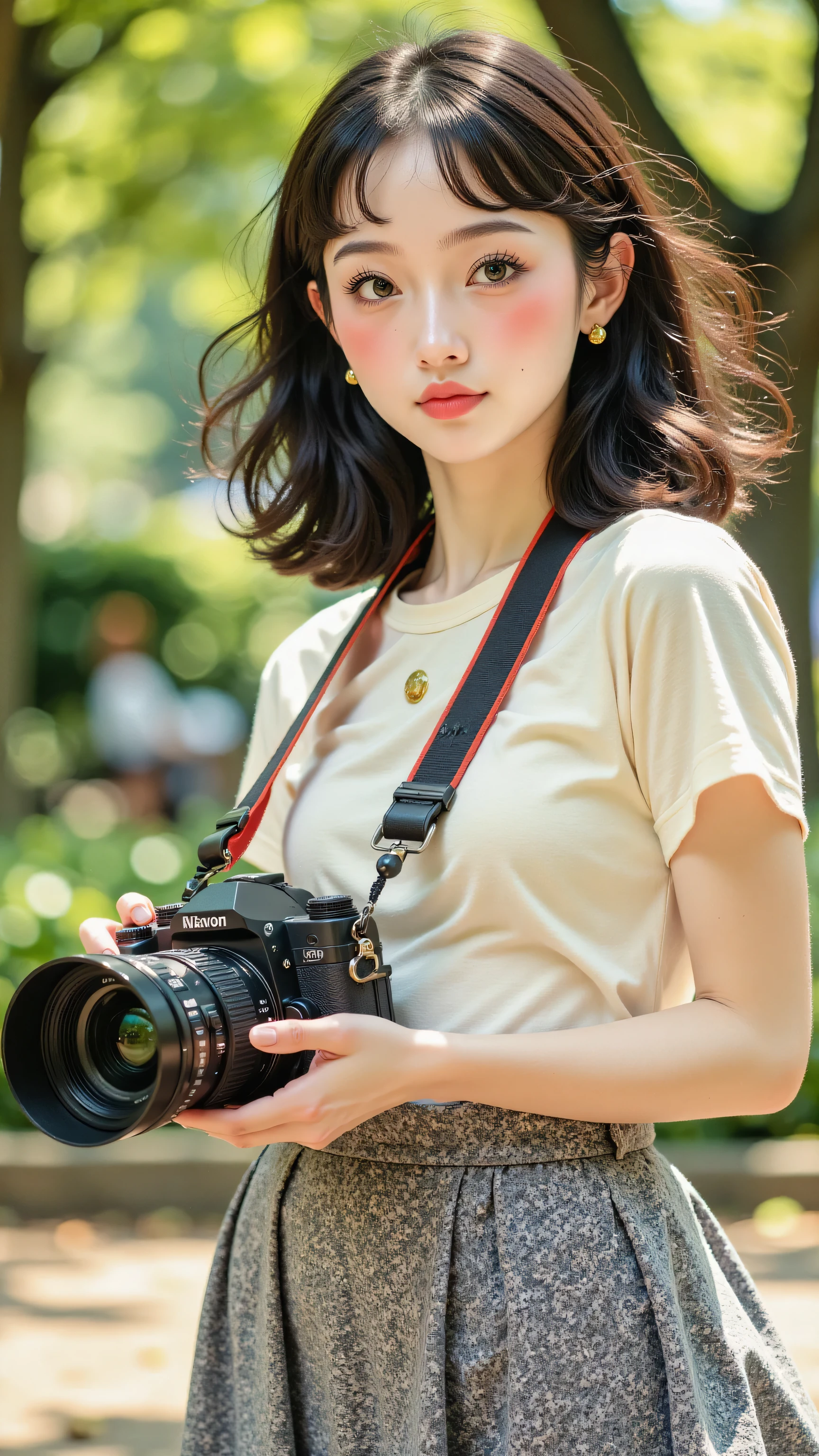 8k, Masterpiece, Top Quality, medium-long shot, eye-level, woman with shoulder-length dark wavy hair, looking at camera with playful puckered lips expression, standing outdoors leaning forward, holding large black SLR film camera with telephoto lens, wearing cream short-sleeved top and long grey patterned maxi skirt, casual vintage 90s style, soft diffused natural daylight, shade lighting, blurred park garden background with green foliage