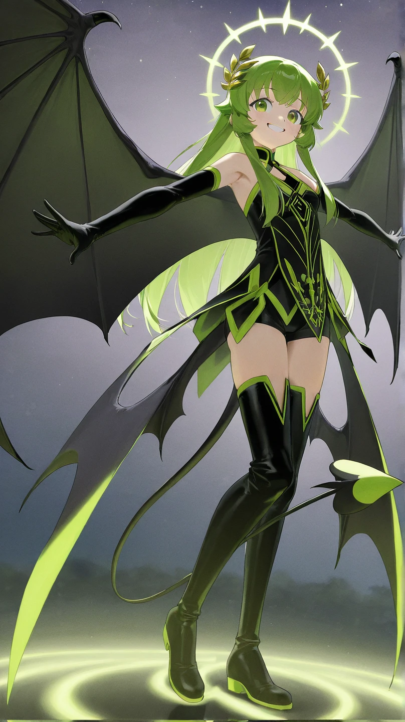Pale girl, floating in the hair, (white hair), red eyes, black sclera, looking down at the camera, ((full body)), splashart, (with six dark red wings), demonic atmosphere, beautiful girl, intimidating, detailed body, (with a bright green background), (lime green simple background), (GREEN BACKGROUND), without effects
