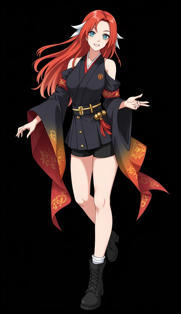 female, black long messy hair, red eyes, black fox ears, nine black fox tails, (((1girl))), (((black kimono with red and gold trim))), (red sash), (black knee high toeless socks), (red heeled sandals), cute and sexy, full body, large breasts, long legs, smiling, cleavage