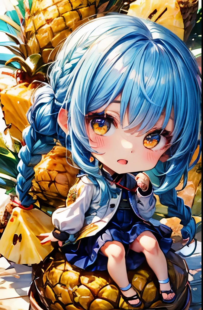 Chibi 1 person 、 Golden Eyes、light blue hair、Chignon Hair、sharp face、SLIM BODY、：tupid hair、super detail、fresh pineapple、absurd、accurate focus、Chibi cute、Unconscious、 Oversized Cut and Sewn 、、portrait、braids、Full body projection