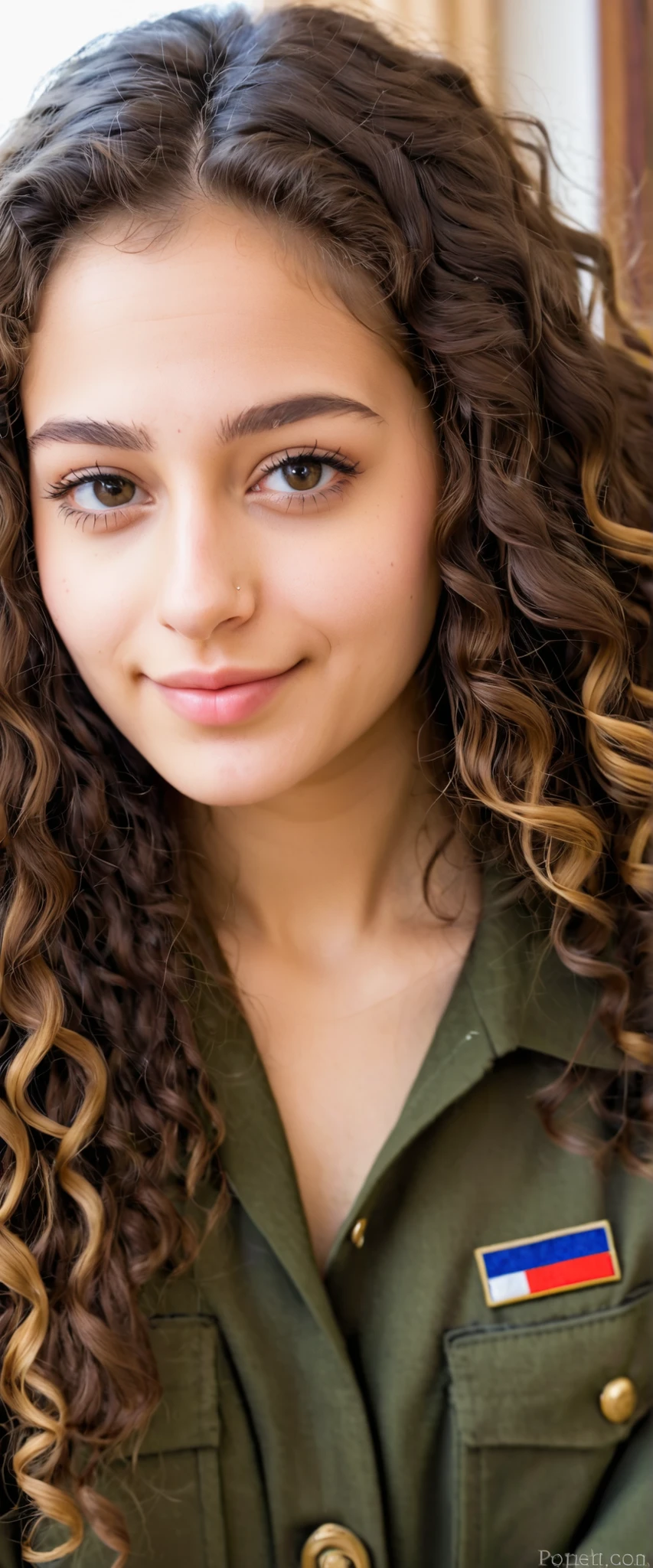 a beautiful 25-year-old woman (detailed facial features), (sardas:0.2), (acne:0.1), long hair, espesso, luxurious curly hair,  handsome Jewish nose  , shy smile, 25 years old ,wearing army uniform 