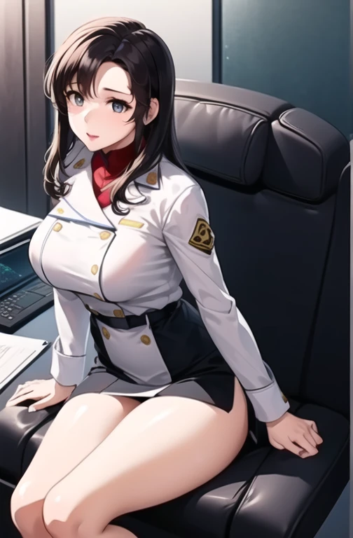 1 girl、Earth Federation Forces operator girl soldier、Open the front of your uniform a little and relax.、sit on the seat、Long black hair tied back、Idol class cuteness、Looks baby-faced and young、Put the operator headset on your head、accurately drawn face、Slender but big breasts、cleavage、healthy thighiniskirt type Earth Federation Forces uniform、knee high、Precisely designed headset、Inside the bridge of a battleship、anatomically correct、precise fingers、exact limbasterpiece、Photorealise