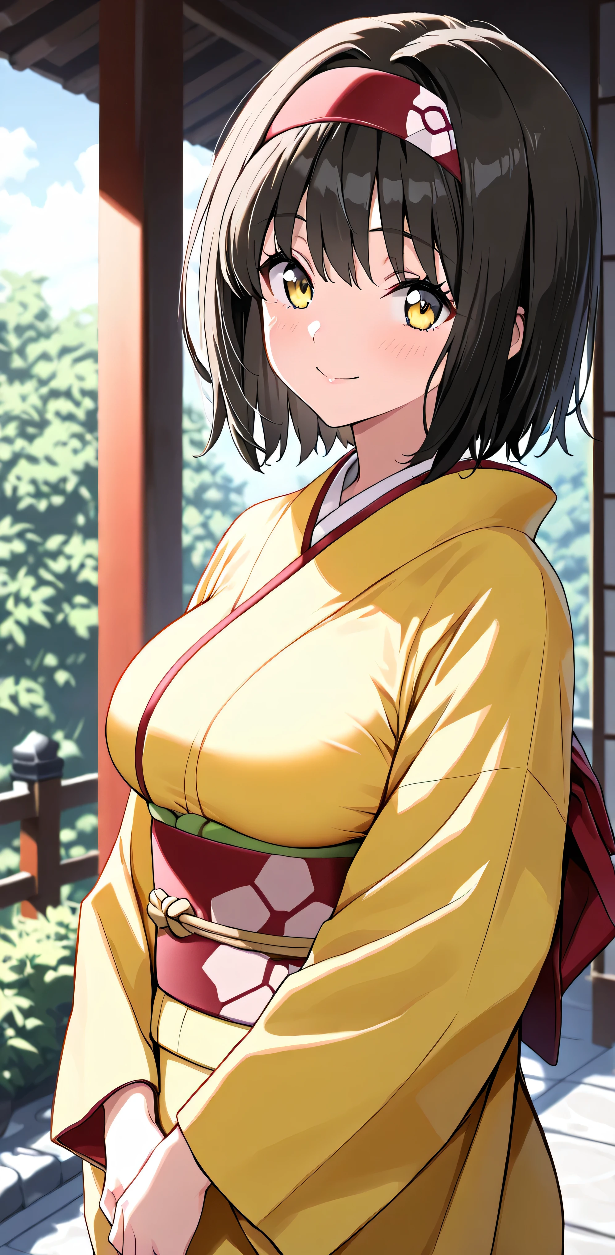 masterpiece,high resolution,best quality,8k,((best quality)), (masterpiece)), (details: 1.4), high resolution, (masterpiece: 1.4), 超details, beautiful details hair details face, perfect feminine face, beautiful details eyes, 8k, (finely details beautiful eyes and details face cg), (masterpiece, details:1.2), (anime), in their 40s, solo girl, Pokemon Erika, yellow eyes, black hair, headband, short hair, kimono, yellow kimono, in the same way, red in the same way, long sleeve, Wide sleeve , Formal attire , in their 40s, Sagging breasts, stare at the viewer, smile, In the Japanese garden
