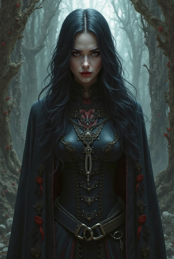 In black and white create a woman wearing medieval armor all over her body. Your hair is long, on top they are black and the tips are white. She has pointy ears and red eyes.. She has a crown of stars on her head and a small, discreet half moon tattoo.