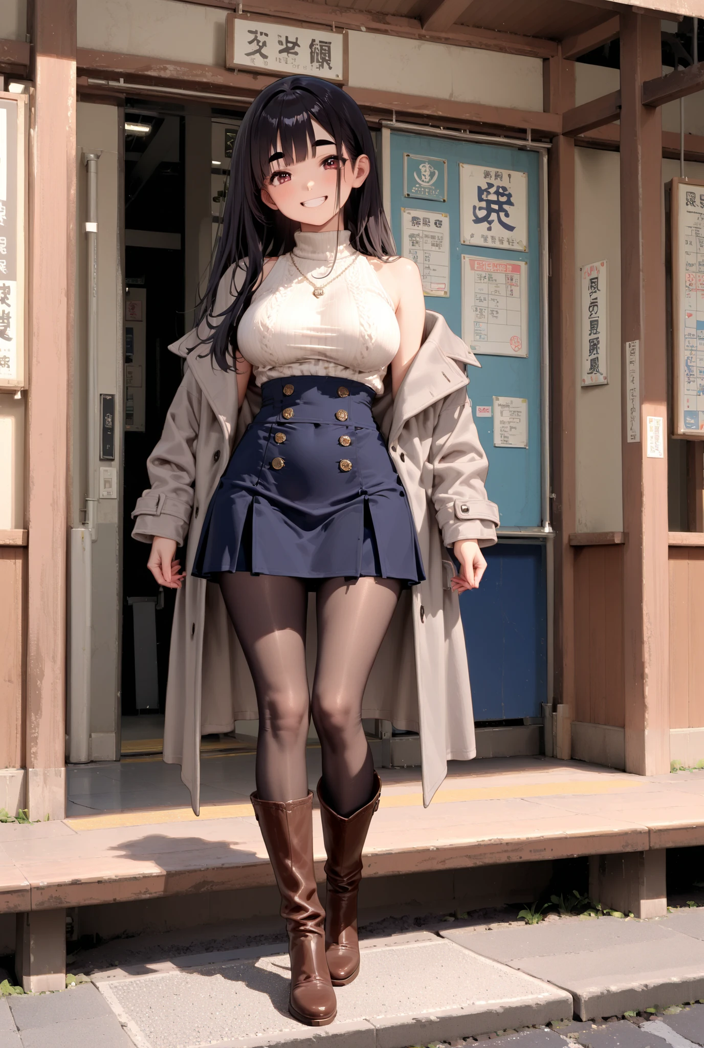 masterpiece、best quality、1 girl、full body、standing、smiling、long black hair、Thick eyebrows、beautiful breasts、clear、red brown tight knee-high boots、black stockings、navy blue high waisted midi skirt、white high neck knit inner、 grey coat、In front of a Japanese station