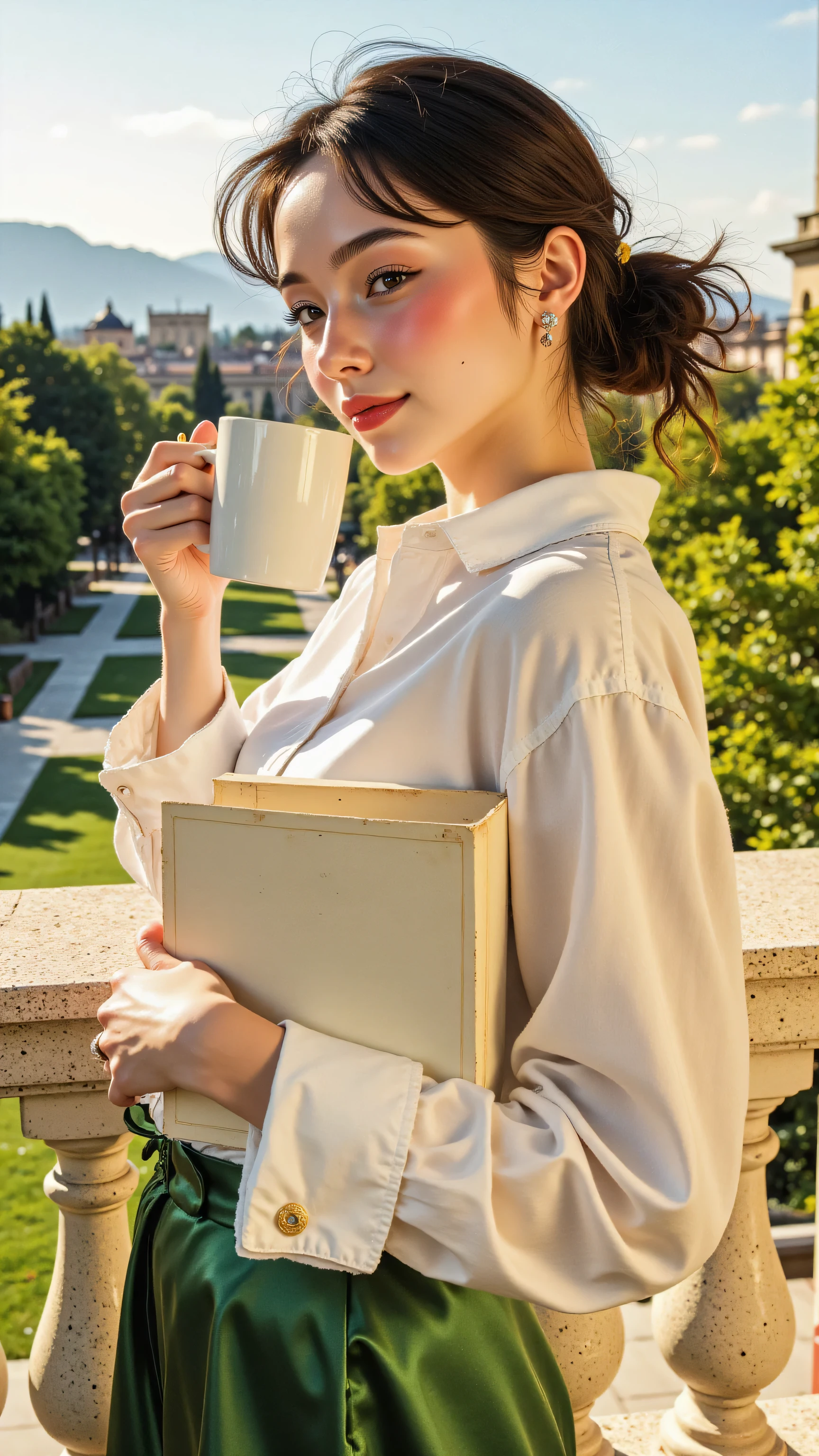 8k, Masterpiece, Top Quality, medium-long shot, eye-level, woman with dark wavy hair pulled back loosely, looking away in profile towards view, peaceful expression, holding white mug near mouth, standing on balcony with ornate railing, holding book under arm, wearing oversized white button-down shirt (sleeves rolled), long green silk/satin skirt, relaxed effortless chic style, bright warm golden hour sunlight, side lighting, backlighting, high contrast, long shadows, balcony view background with path, green lawn, trees, distant hazy hills
