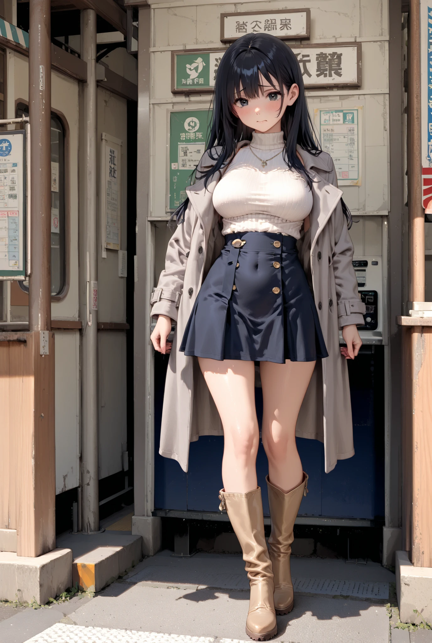 masterpiece、best quality、1 girl、full body、standing、 Exposure、shy、胸を Exposure、long black hair、beautiful breasts、clear、Light Brown Knee High Boots、dark blue high waist skirt、white high neck knit inner、 grey coat、In front of a Japanese station