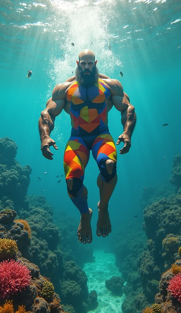 There is only one handsome Asian actor in the photo，35 years old，High target, Fitness，short hair, O-Shaped Beard，Perfect body, Dark skin color，Radiant Skin，Smooth skin，Shiny, shiny skin，Smooth pectoral muscles，No chest hair，No body hair，Muscle bulge, muscular, Very large pectoral muscles，Very sexy abdominal muscles，Very well-developed leg muscles，Huge concave and convex area，Brightens oily skin，Wearing a shiny silver leather thong，Handsome face，Wearing silver-gold leather socks，Correct and accurate male body proportions, standing under the sea。
