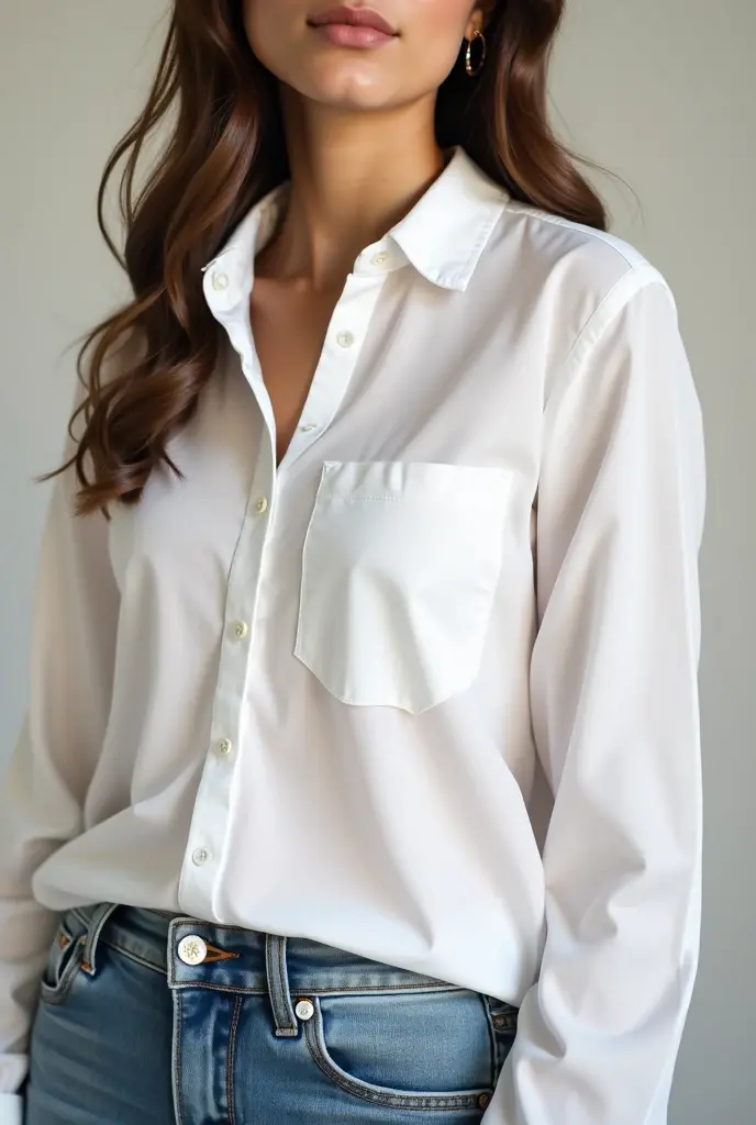 Young woman with brown eyes, long dark curly hair tanned skin wearing a white button down shirt, she has round ears and a captivating look, make her like a character from Sarah j Mass
