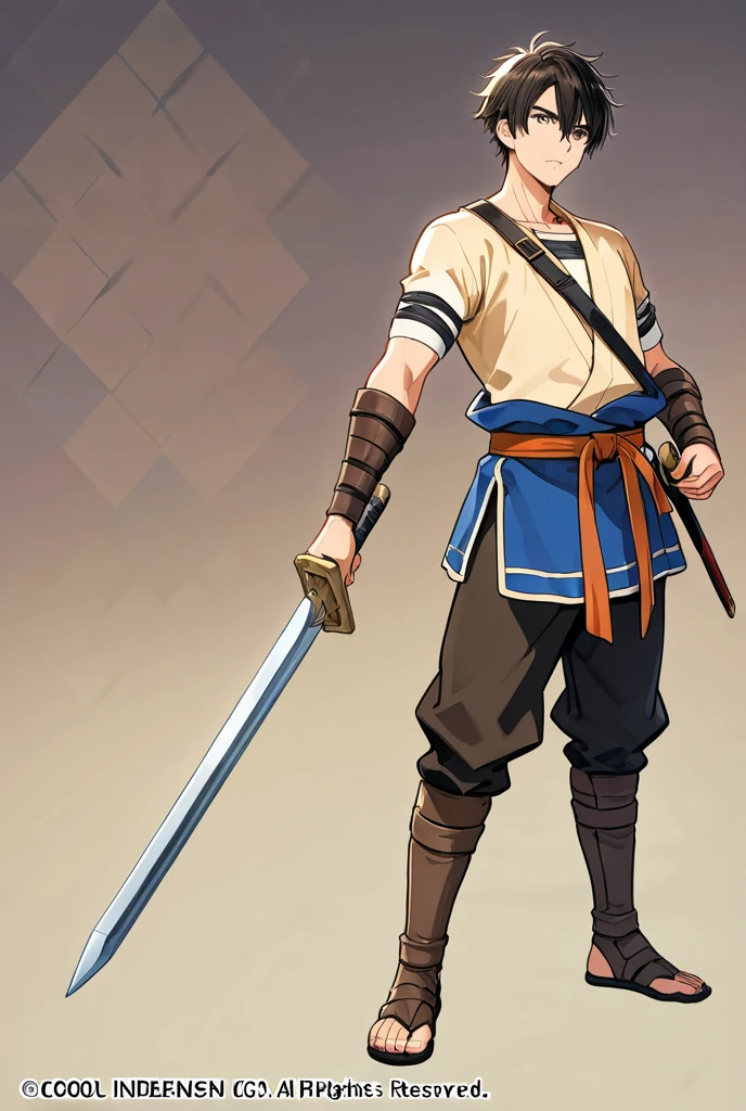 Thin 14 year old boy,short detailed hair,Slender legs,Slender legs,High saturation,The color is bright,8K,low detail,Light brown skin,,The color is bright,largeeyes,Full body photo,legs stretched,Extra short shorts,Smooth legs,No leg hair,There are no muscles in the legs,Melon seed face,archer,Classical Junior,Sword repair,Xiu Zhen,Xianxia,swordsmen,Young man,Taoist,Legalism,Beggars costume,ragged attire,White shoes,Short sleeves,sitted,ssmile,Glowing bow and arrow