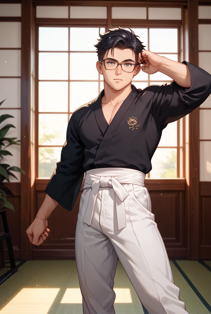 masterpiece, best quality, realistic, 1man, male focus, tall muscular, handsome, [thin eyebrows:0.5], serious, shirtless, portrait, extremely detailed face, black hair, (short hair), shirtless, six packs, full body, Japanese, round glasses, relax