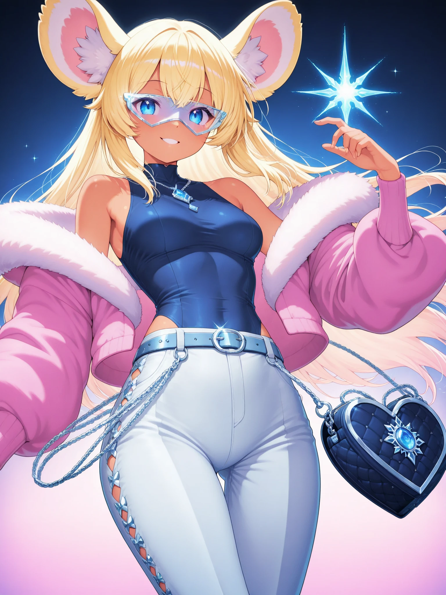 A whimsical anthropomorphic mouse with flowing waves of blonde hair, tan-and-white fur, and enchanting light blue eyes. She is dressed in a vibrant ensemble that includes a stylish blue turtleneck crop top, a dazzling pink jacket adorned with upturned collars and shimmering blue rhinestones. Her fashionable pink bellbottoms accentuate her playful personality, while a chic blue belt featuring a silver buckle adorned with sparkling blue rhinestones adds a touch of glamour. Completing her look is a charming little heart-shaped bag in shades of blue and pink, perfectly complementing her outfit. Capture her in a photo that has the vibrant and energetic style commonly associated with animated fantasy. Use vivid blues and pinks, dynamic lighting, and a sense of joyous movement to evoke a sense of whimsy and playfulness. The photo should be taken with a virtual camera resembling Canon EOS R6 in portrait mode, with a soft focus lens to enhance her dreamlike appearance.