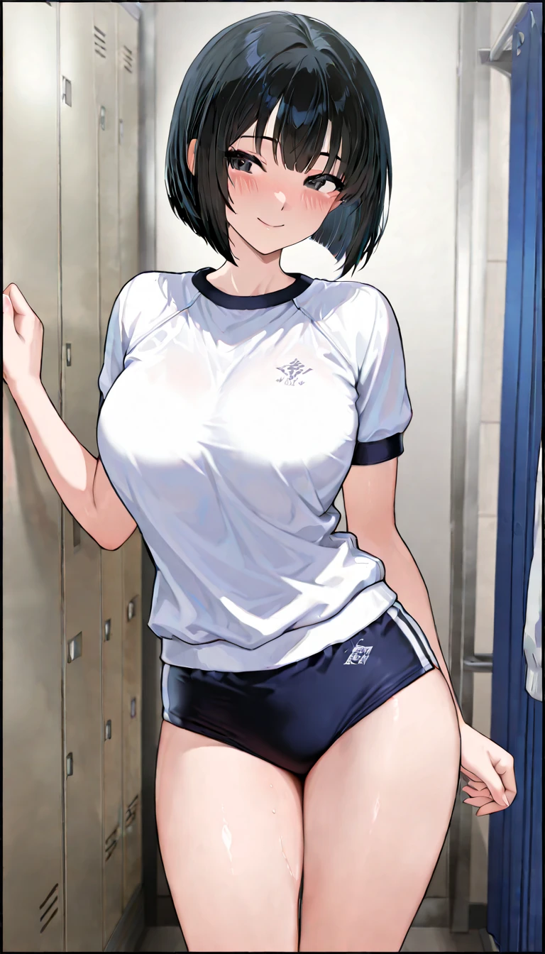 bob cut black hair,white bikini,see-through white skirt,locker room.((Taking off her swimsuit))look away.