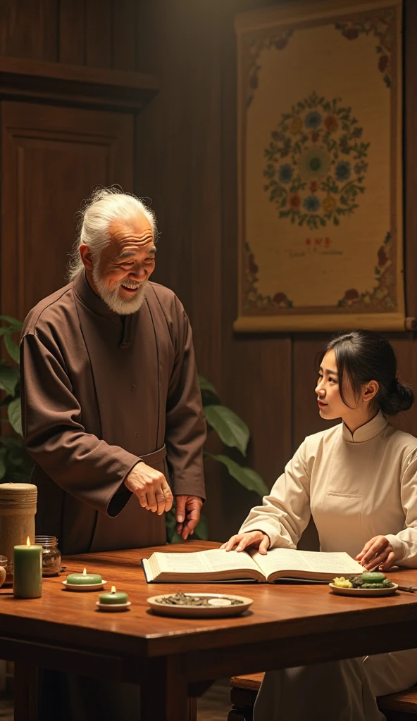 Era uma vez, a wise master teaching his students in ancient China, The sage took the glass and smiled