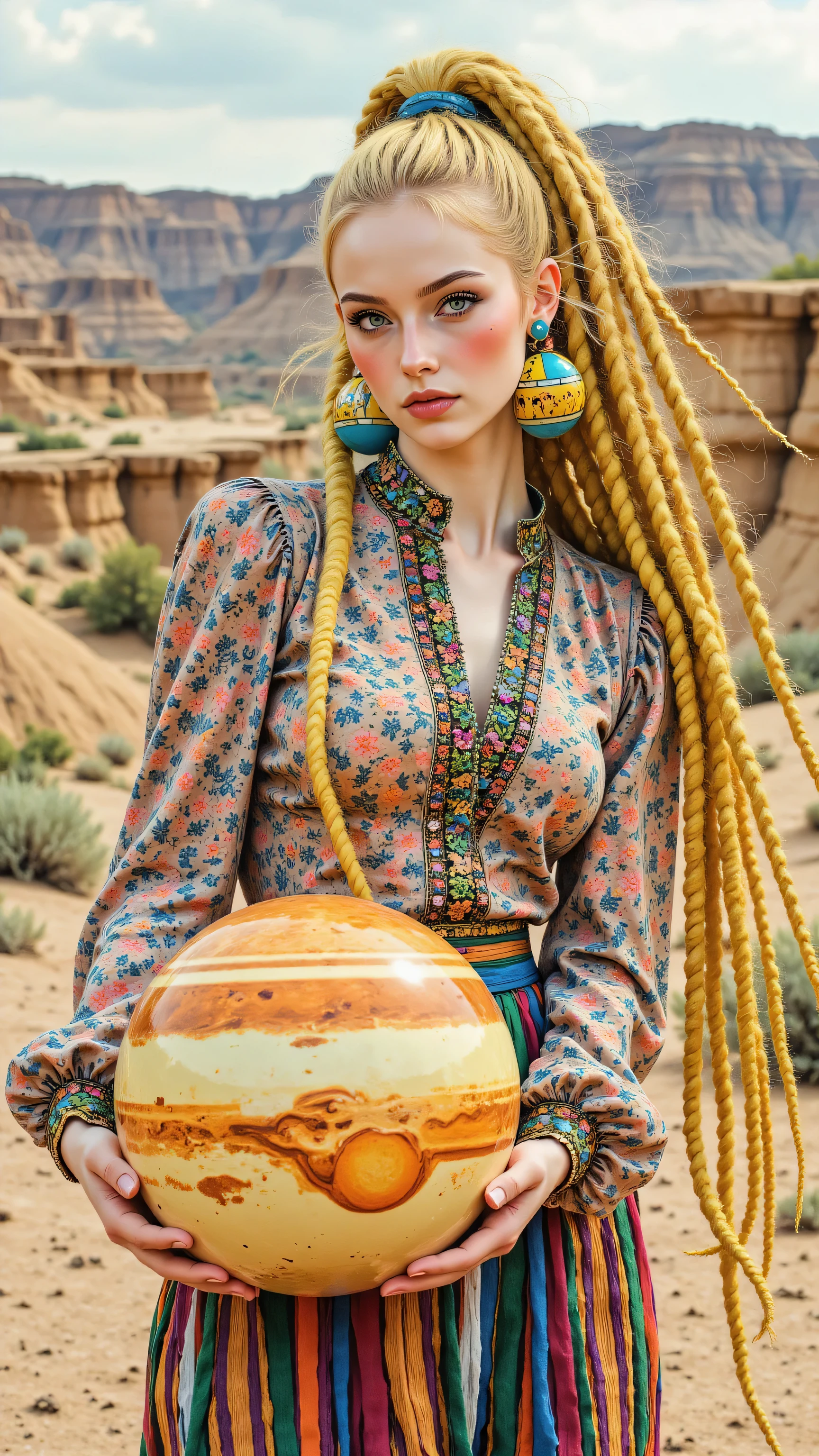 8k, Masterpiece, Top Quality, medium shot, eye-level, three-quarter view, woman, fair skin, very long thick blonde yellow dreadlocks, high ponytail, large ethnic earrings, serious expression, looking towards camera, holding large sphere prop resembling planet Jupiter, surreal concept, colorful patterned bohemian blouse, puffy sleeves, vertical striped skirt, artistic eclectic style, standing pose, natural outdoor soft diffused light, overcast, magic hour, arid desert badlands background, eroded hills, earth tones, hazy sky