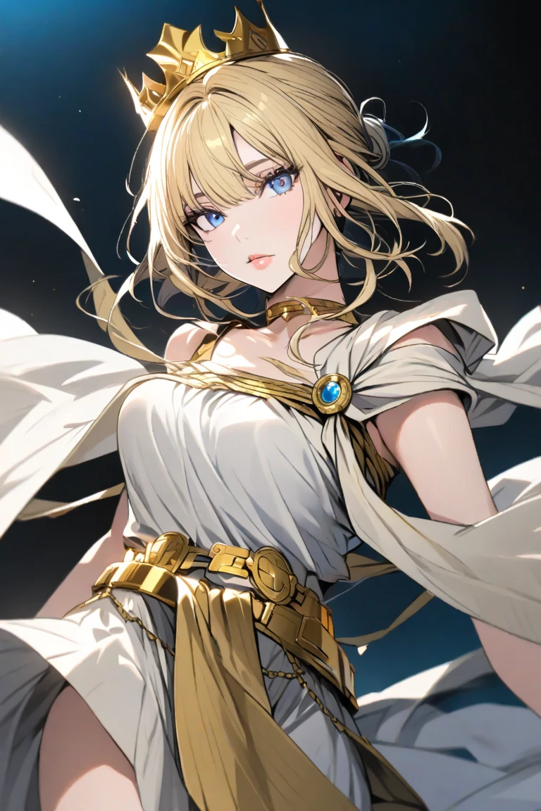 Create a beautiful woman with blue eyes and blonde hair, she white tunic, with gold bracelets, and a golden halo of energy over your head, she has a beautiful body with medium breasts and thighs too, at the waist there is a golden belt