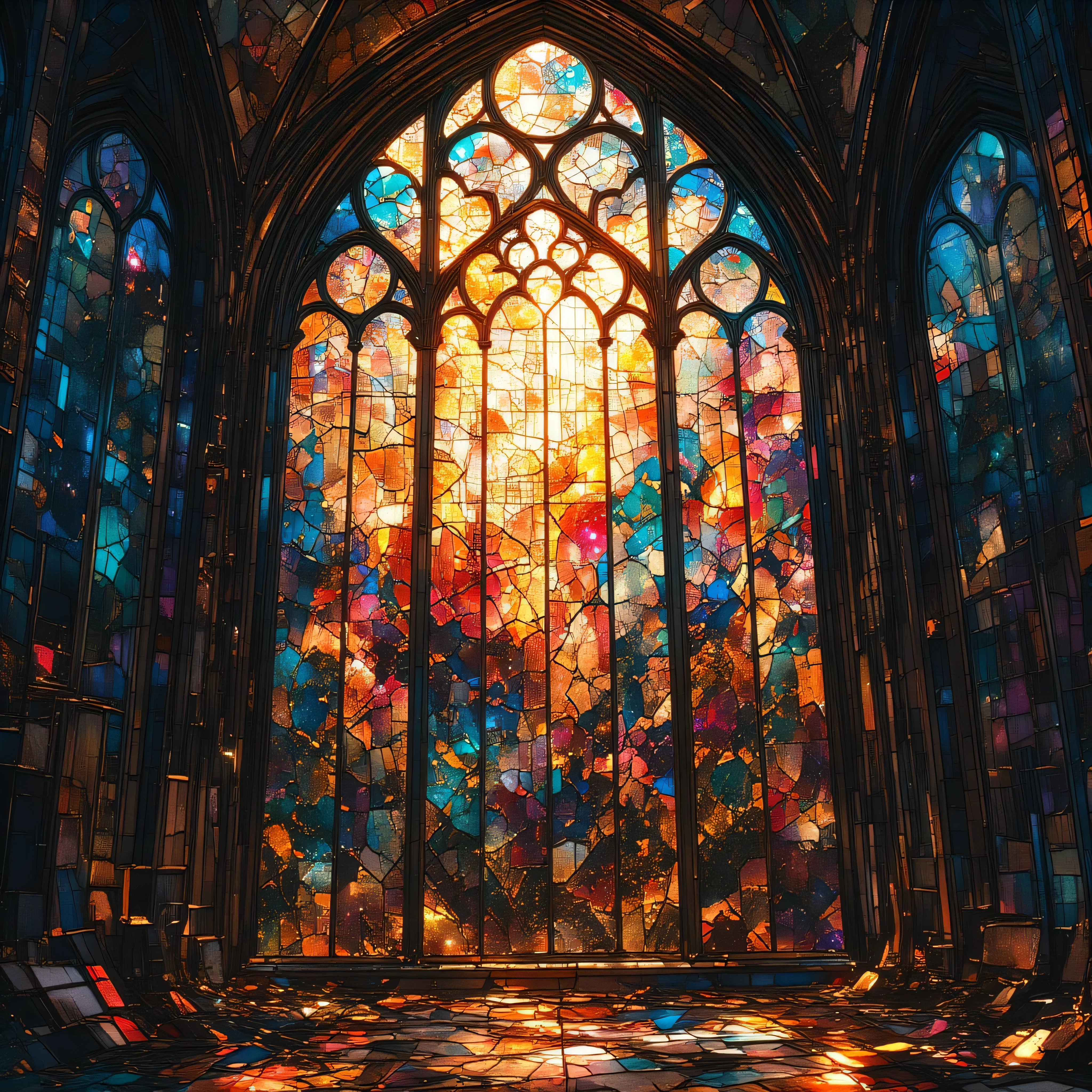 A large stained glass window representing a cracked sky、
