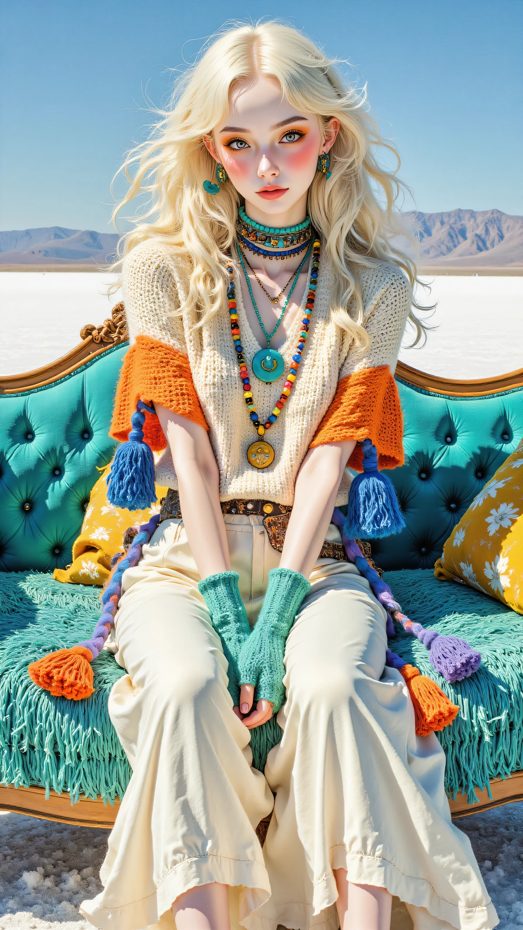 8k, Masterpiece, Top Quality, medium shot, eye-level, centered, frontal view, woman, very pale skin, long wavy fluffy white-to-orange ombre hair, orange eye makeup, direct gaze, neutral expression, bohemian festival style, eclectic textured clothing, knitted cream sweater with colorful sleeves, long pleated white skirt with large blue orange tassels, layered turquoise necklaces, teal knitted gloves, seated upright on vibrant turquoise fringed couch, hands clasped, bare feet, minimalist white sand/salt flats background, clear blue sky horizon, bright high-key natural daylight, sunny