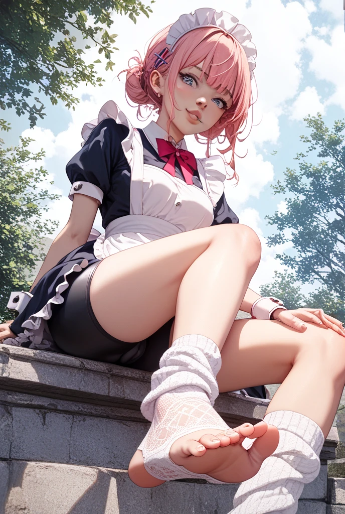 blush, smile,glowing aura, natural light, masterpiece, glossy skin, juicy lips , ,sexy, hot, evil,juicy lips hour glass, , juicy lips, , slender body, small , huge ass, pink hair, ponytail ,looking up, smile, ultra detailed, short pink hair, purple eyes, art, paint, crossed legs, platform boots, looking at viewer