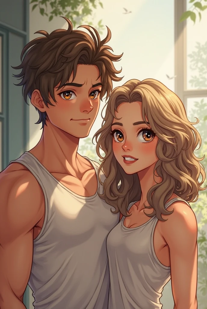 Tall, muscular boyfriend with a cute girlfriend that has brown hair, green eyes, fair skin, freckles