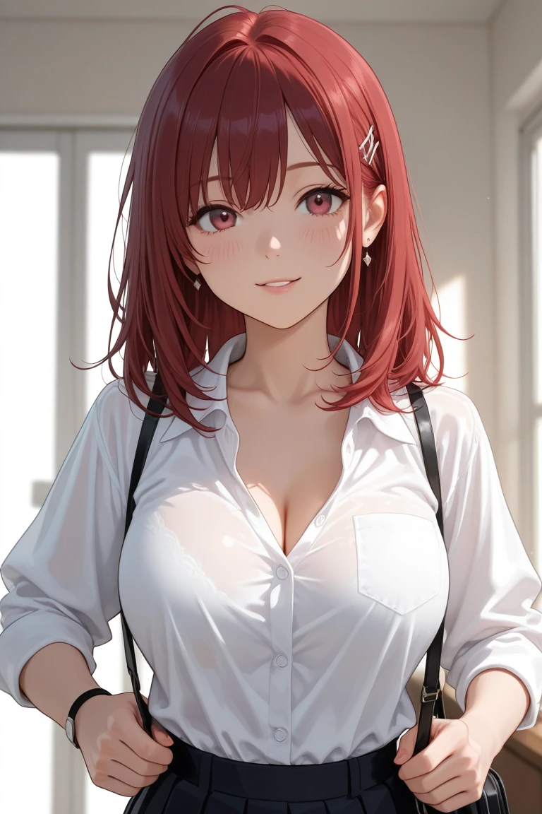 shooting from above、Touching ear, Realistic, real person, RAW photo, photorealistic, portrait photography, shiny skin, japanese idol, 25 year old woman、(bob cut hair) and (red hair) and (red eyes:1.3), wearing a white collarless blouse、cleavage is visible、smiling shyly、open mouth, blush, The background is a conference room、wall、floor、Alone、Staring,