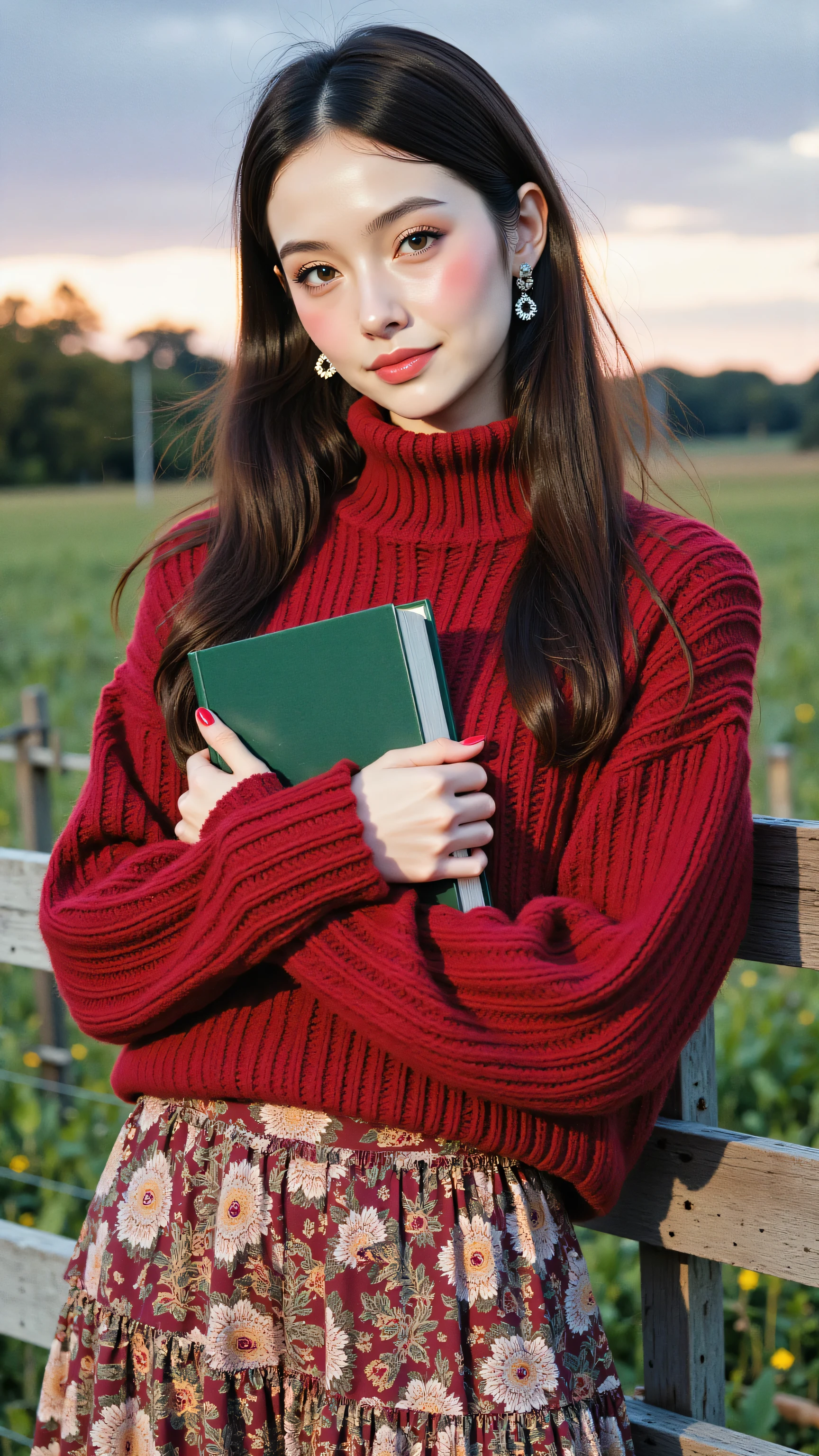 8k, Masterpiece, Top Quality, medium shot, eye-level, woman with long dark straight hair, fair skin, looking at camera, calm neutral expression, wearing chunky red cable-knit turtleneck sweater and red/beige paisley print ruffled midi skirt, dark tights, cozy autumnal dark academia style, standing outdoors by wooden fence, holding green hardcover book to chest, static pose, soft diffused natural late afternoon/dusk light, warm tones, soft shadows, nostalgic atmosphere, rural countryside background with grassy field and wooden fence, twilight sky