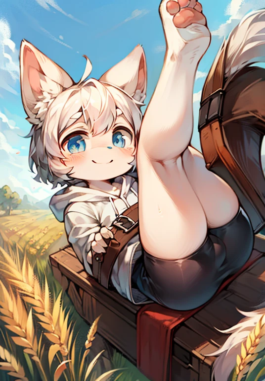 (Bright environment:0.8),Masterpiece,High quality,abstract res,Digital painting\(artworks\), By Dagasi, Yupa,Kiyosan,(anthro,Fluffy fur,Character focus:1.1),anthro male cat,Short hair,Portrait , Bright eyes, Panoramic view, Character focus.(detailedbackground:0.7), 独奏, shaggy, Hairy male, Male focus, anthr,(Full body fur, Fluffy tail, White fur, Black eyes, iwhite colored hair:1.2), (long canines、Junior high school student、White robe，White top，No pantie，No Panty：1.2），（Bright outdoors，clear skies，Azure sky，Bouquet，a paradise，Lake，Shy，fine：1.1）