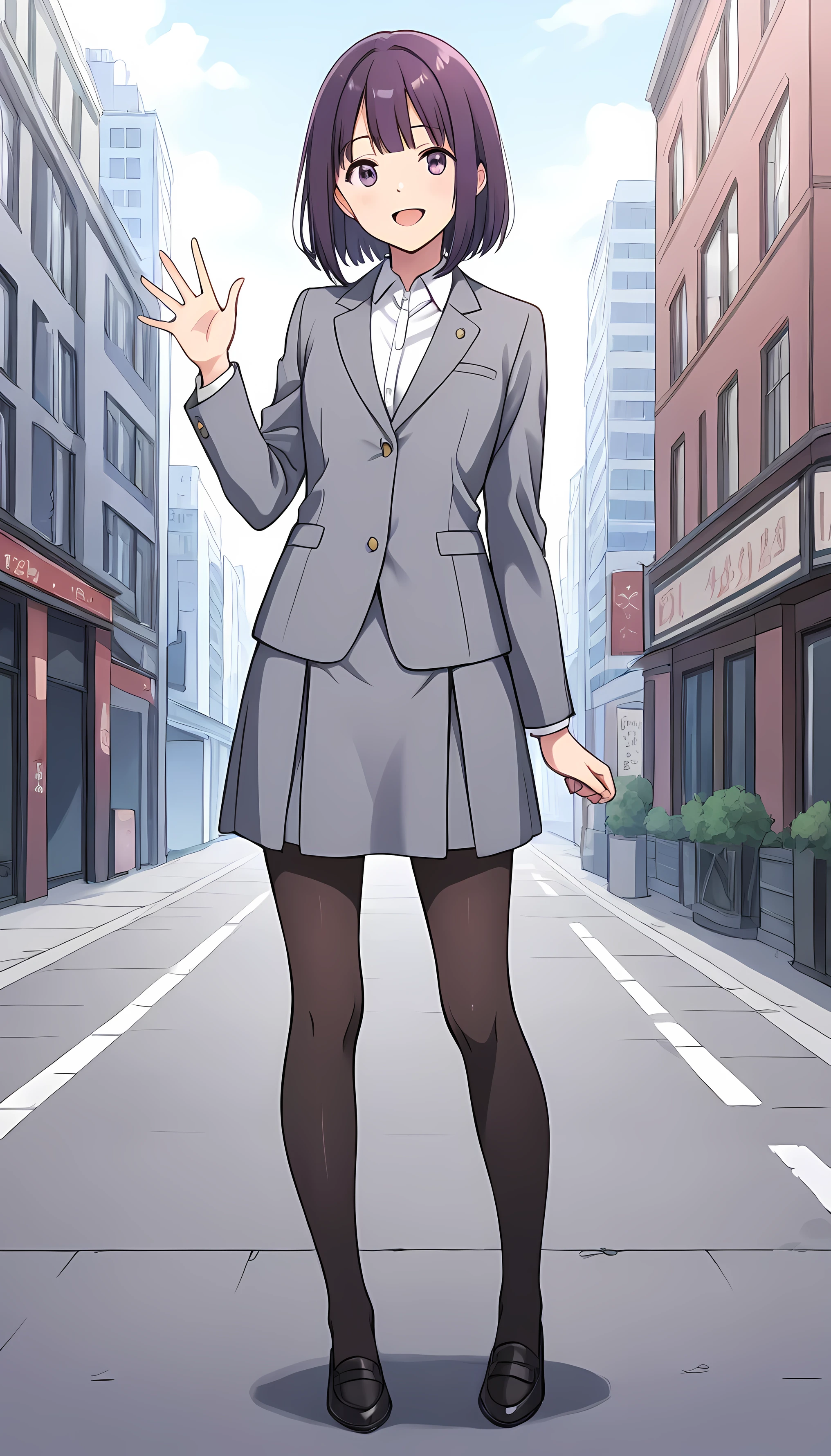 masterpiece, best quality, absurd dress, perfect anatomy, female, solo, full body image, smile,and open the mouth, glossy lips, purple bob hair , medium hair,美しいオフィスfemale,gray suit,buttoned blazer,Closed blazer, collared shirt,Page Search,pantyhose,standing, waving hands, outdoor ,city ,cowboy shot , from the front ,half-open