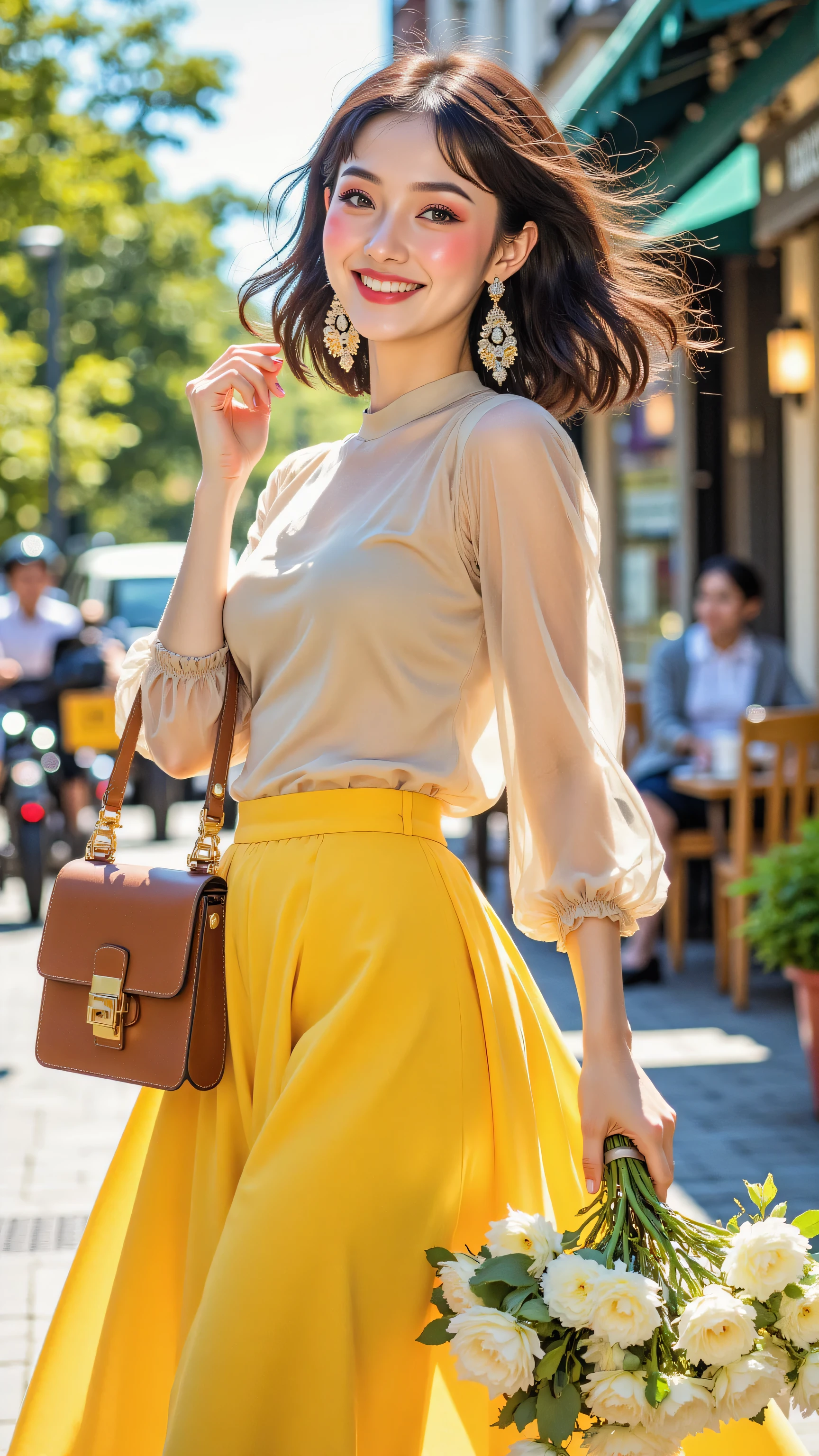 8k, Masterpiece, Top Quality, full body shot, eye-level, woman with medium-length dark wavy hair, smiling brightly, happy expression, looking at camera, large dangling earrings, elegant chic spring fashion, wearing beige blouse with sheer bishop sleeves, bright yellow flowy A-line midi skirt, neutral strappy heeled sandals, holding brown leather top-handle handbag and large flower bouquet, dynamic pose, bright airy lighting, soft highlights, radiant lighting, blurred indistinct urban background, bokeh